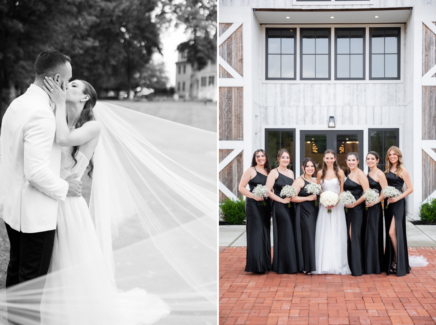 Wedding day pictures, with the bridesmaids in black dresses and holding baby's breath bouquets