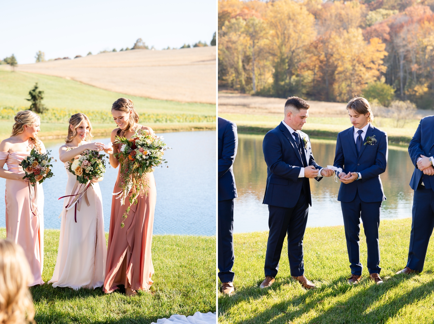 Bridesmaids and groomsmen passing the wedding rings