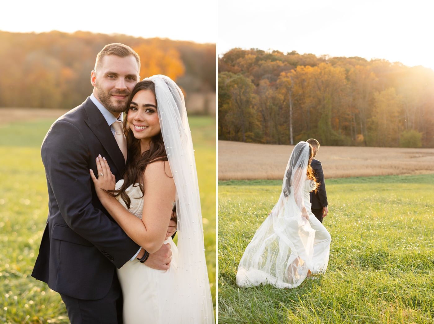 Golden hour bride and groom pictures at Stone Ridge Hollow in Maryland, on the lawn