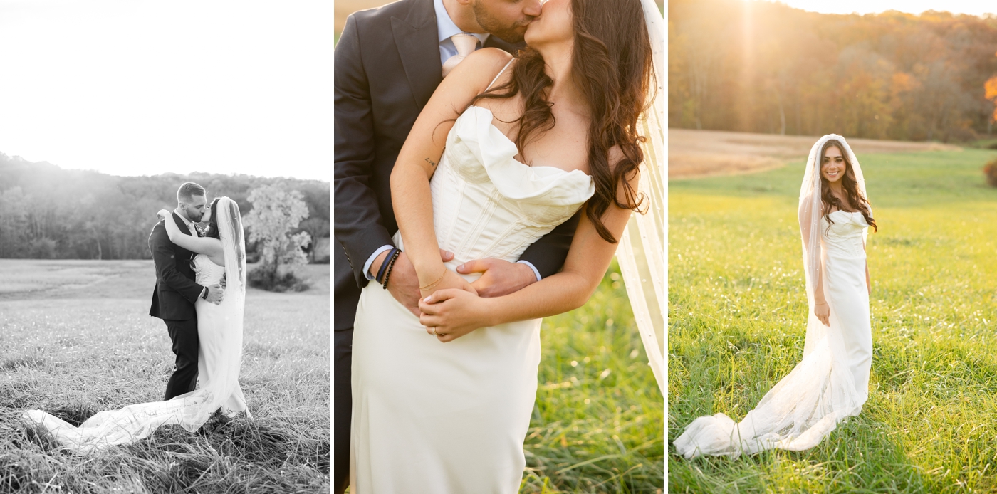 Bride and groom portraits in a field at golden hour at their wedding in Maryland