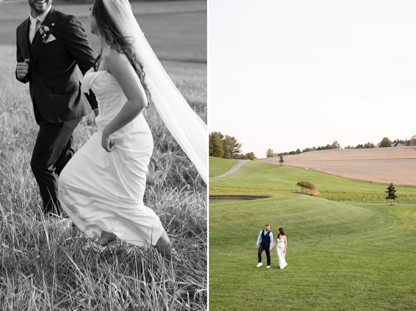 Bride and groom portraits in a field at golden hour at their wedding in Maryland