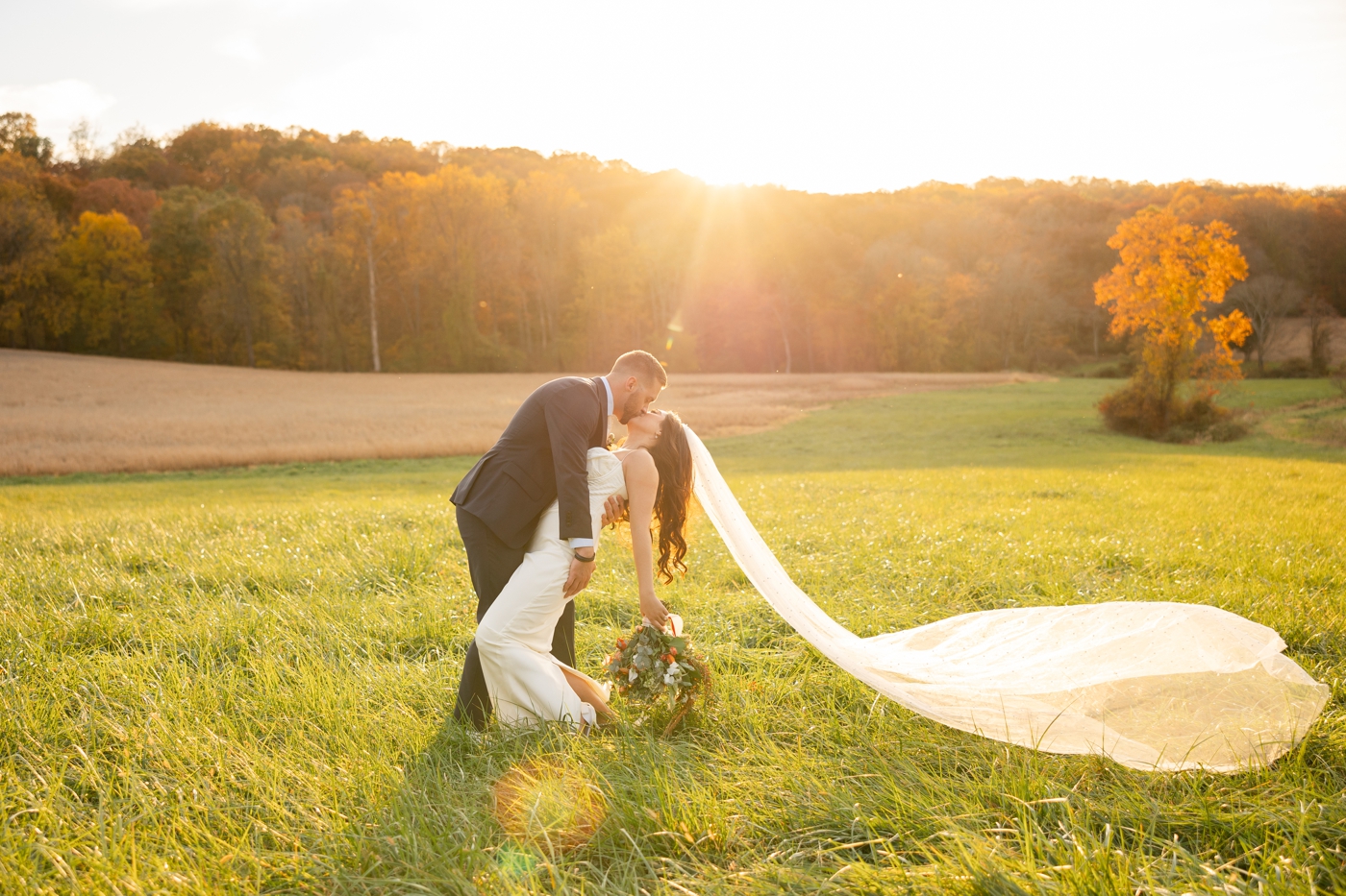 Golden hour bride and groom pictures at Stone Ridge Hollow in Maryland, on the lawn