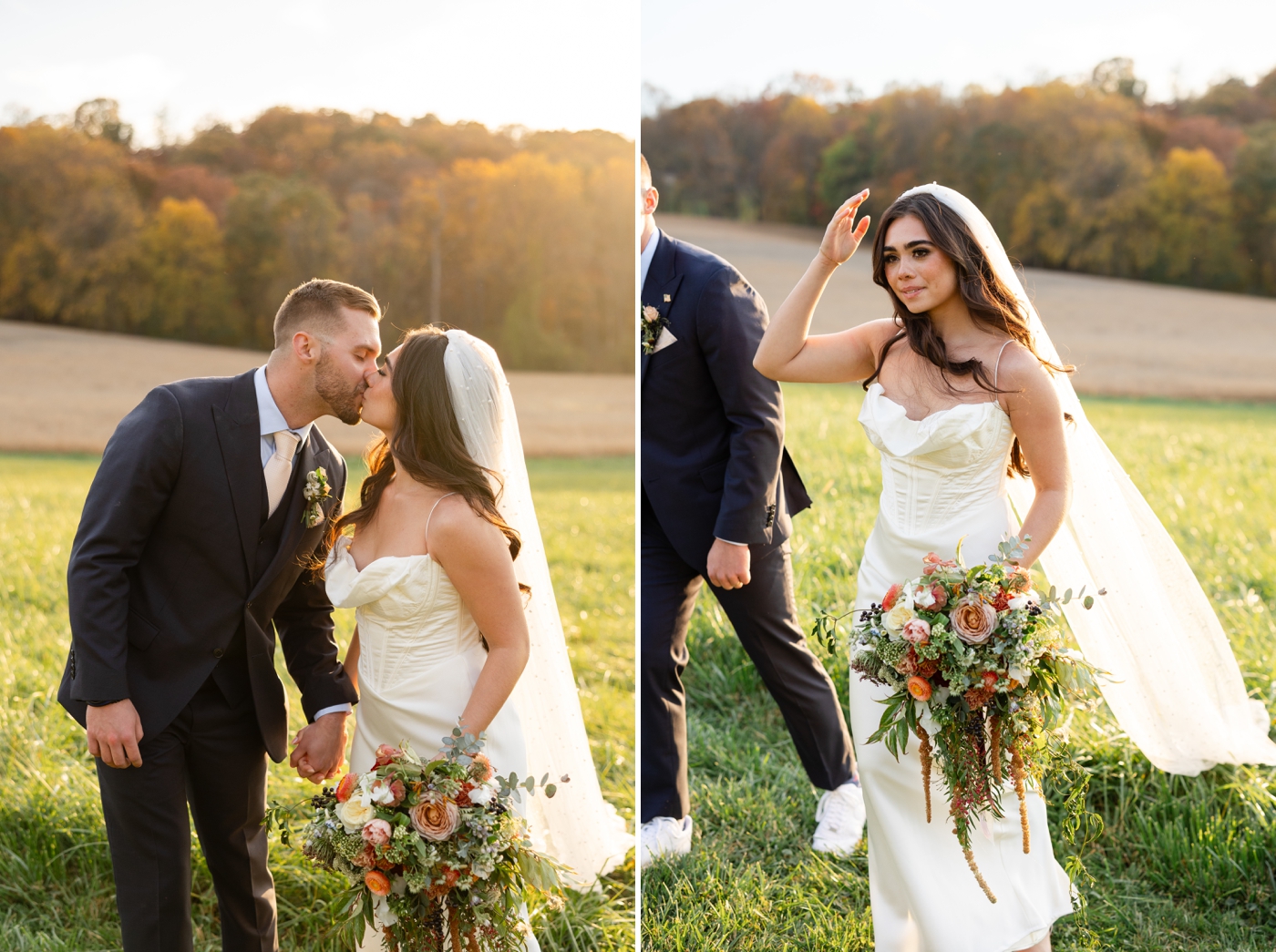 Details of a bride and groom for their Maryland wedding, the bride in a satin gown with cathedral length veil