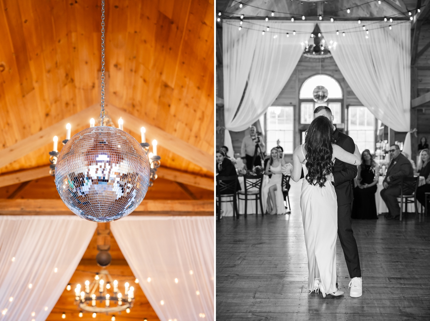 Disco balls hanging from the ceiling for a reception at Stone Ridge Hollow