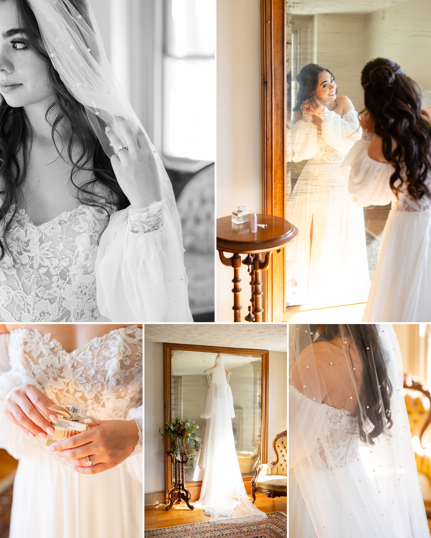 Bride getting ready at Stone Ridge Hollow, wearing an off the shoulder gown and long veil.