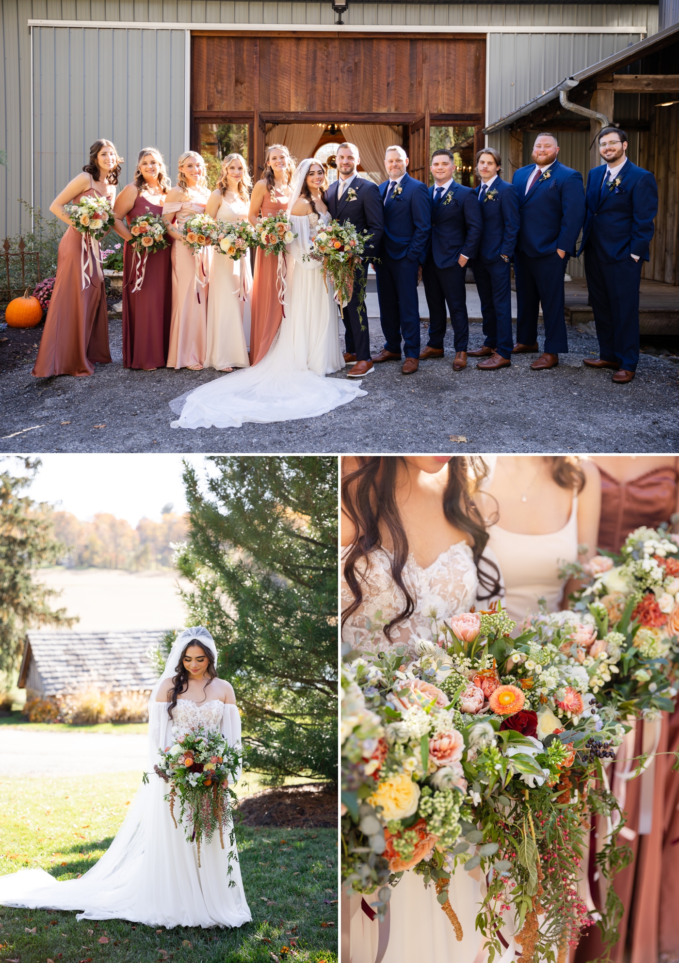 Bridesmaids in rose and blush chiffon gowns for a wedding at Stone Ridge Hollow