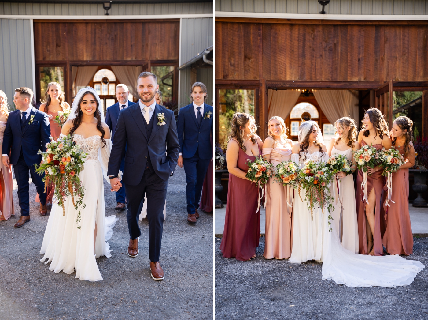 Bridesmaids in rose and blush chiffon gowns for a wedding at Stone Ridge Hollow