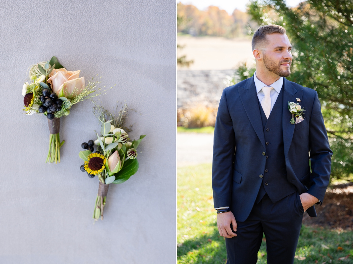 Groom portraits at Stone Ridge Hollow on the lawn, with the groom in a blue suit