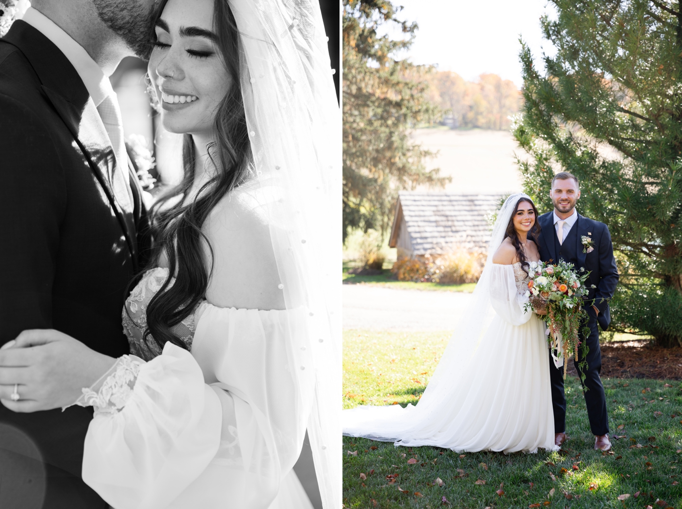 Black and white image of a bride and groom embracing, next to a formal portrait at Stone Ridge Hollow