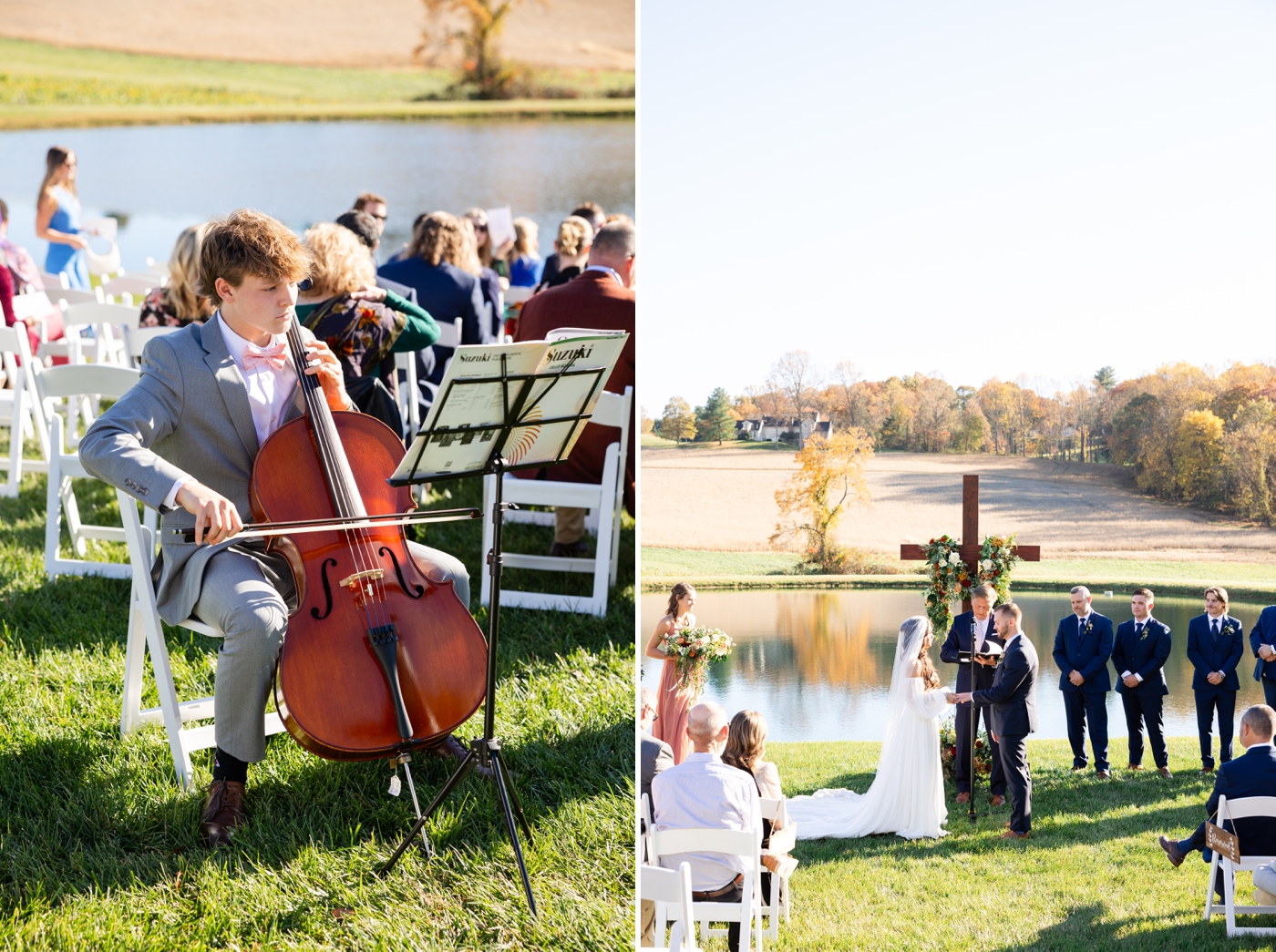 Outdoor wedding ceremony on the lawn of Stone Ridge Hollow, overlooking the pond