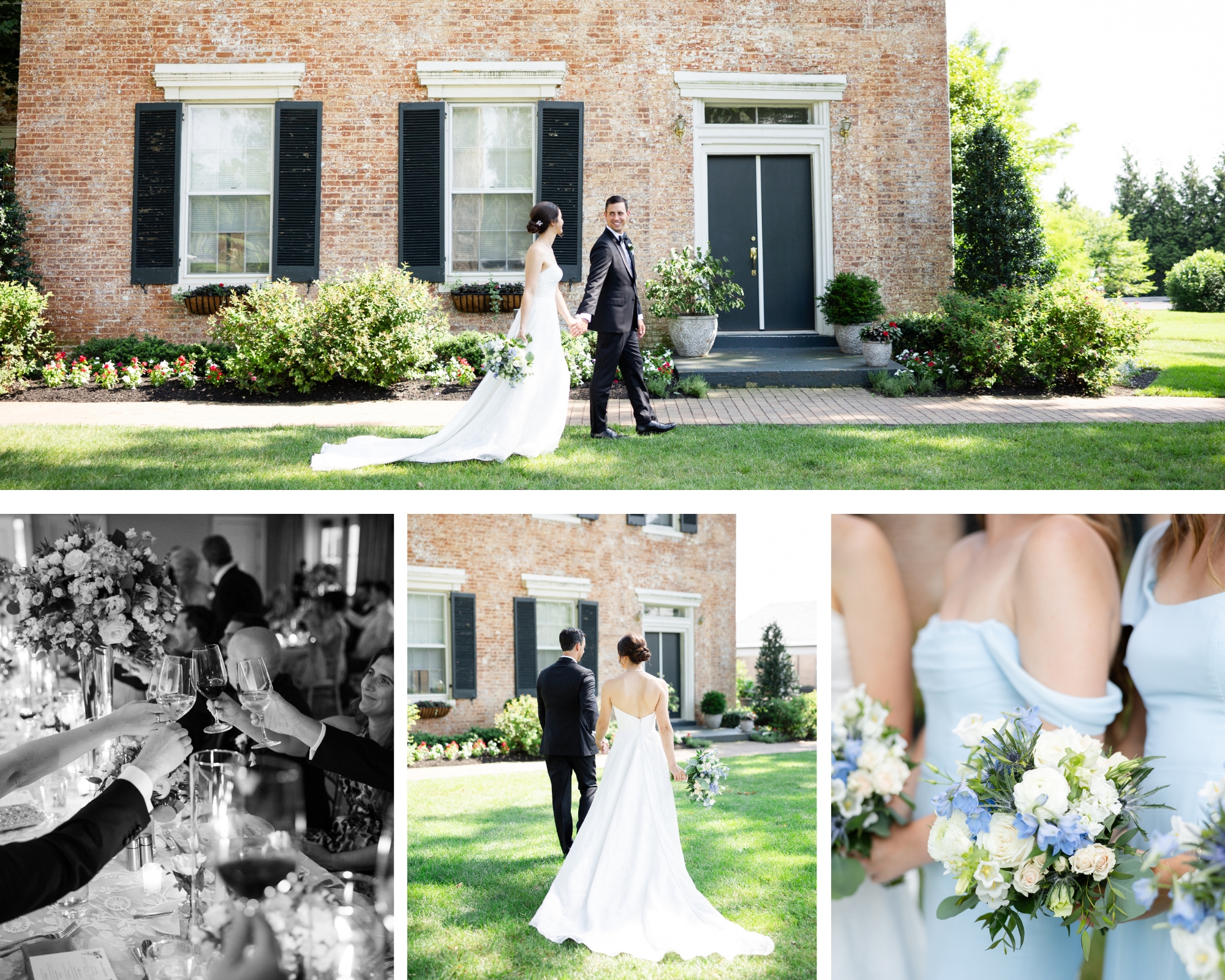 Collage from a Woodmont Country Club wedding: bride and groom walking by a brick manor, guests toasting, bridesmaids in light blue with bouquets.