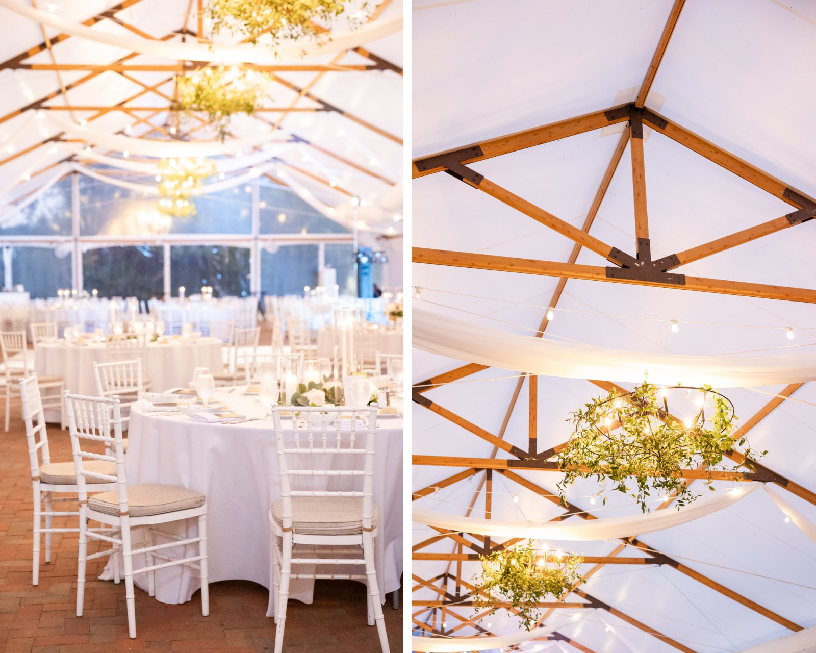 Chandeliers and draping inside the Kent Island Pavilion reception tent