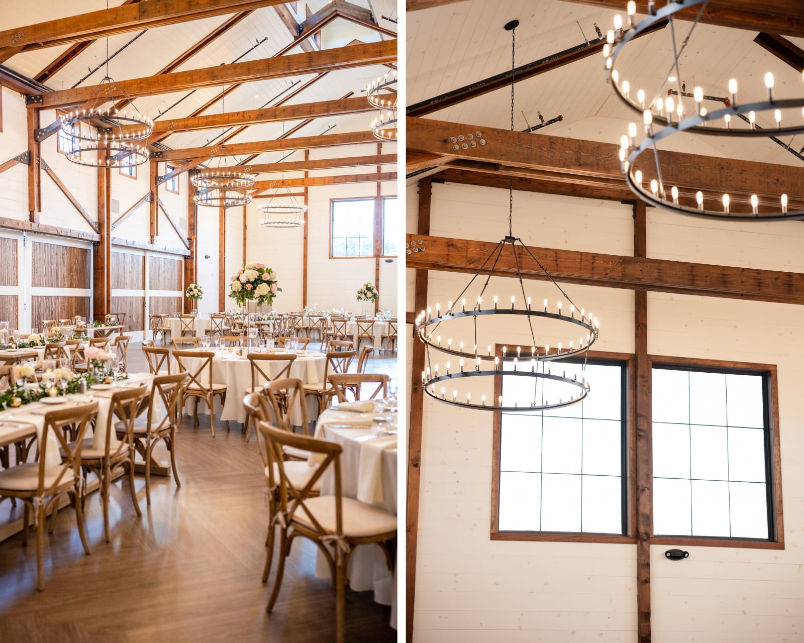 Farmstead reception setup with wood beams and floral centerpieces at Kent Island Resort wedding.