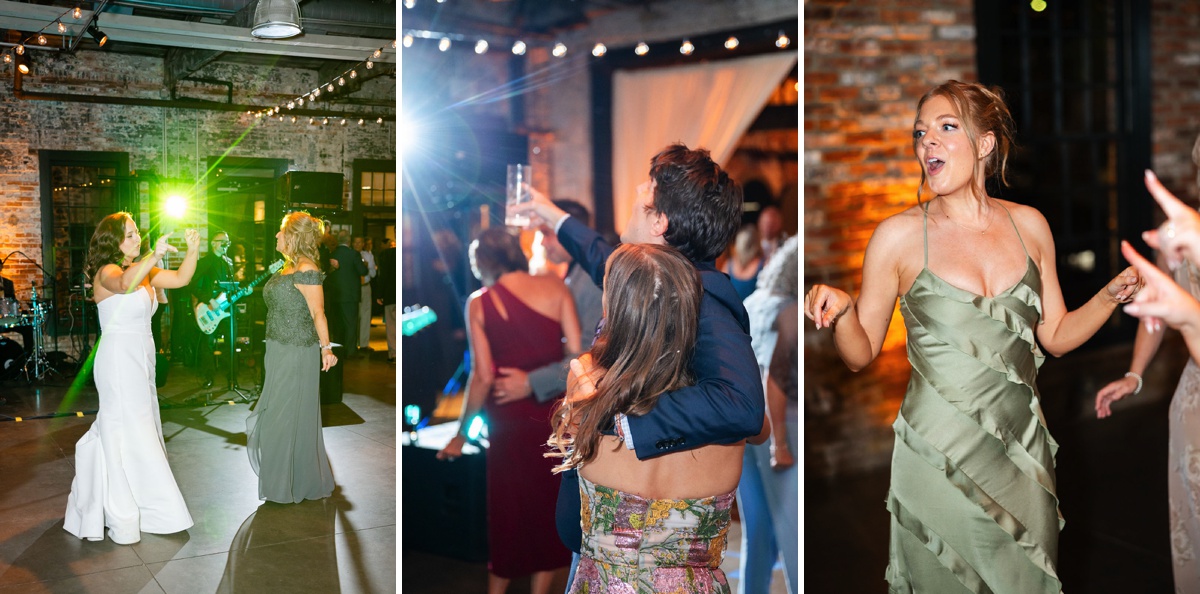 Guests dancing to live band during wedding reception at Mt Washington Mill Dye House