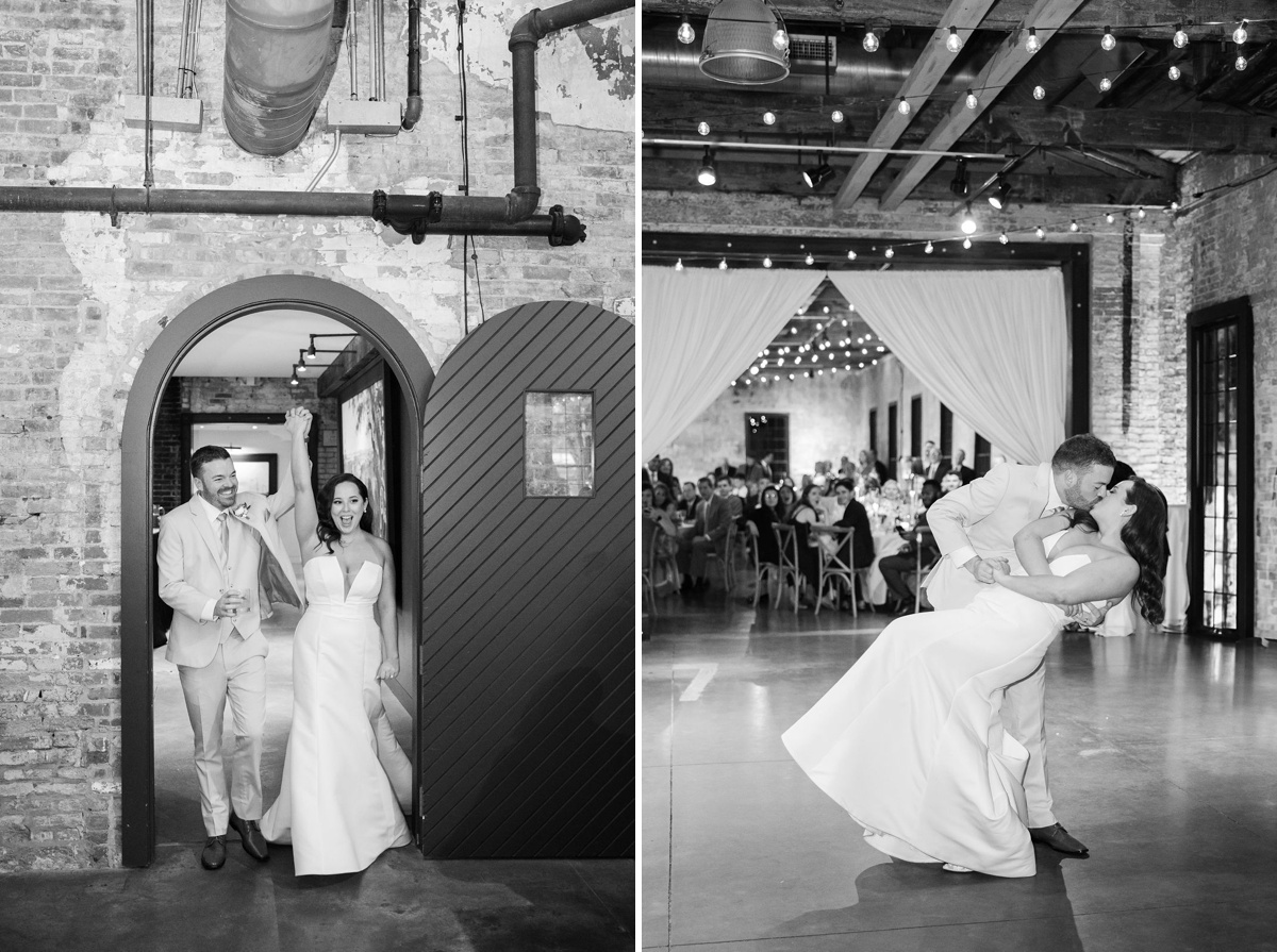Couple’s first dance in the Dye House Room surrounded by guests