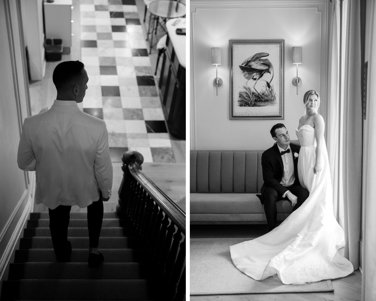 Two different wedding portraits in the Manor House at Kent Island
